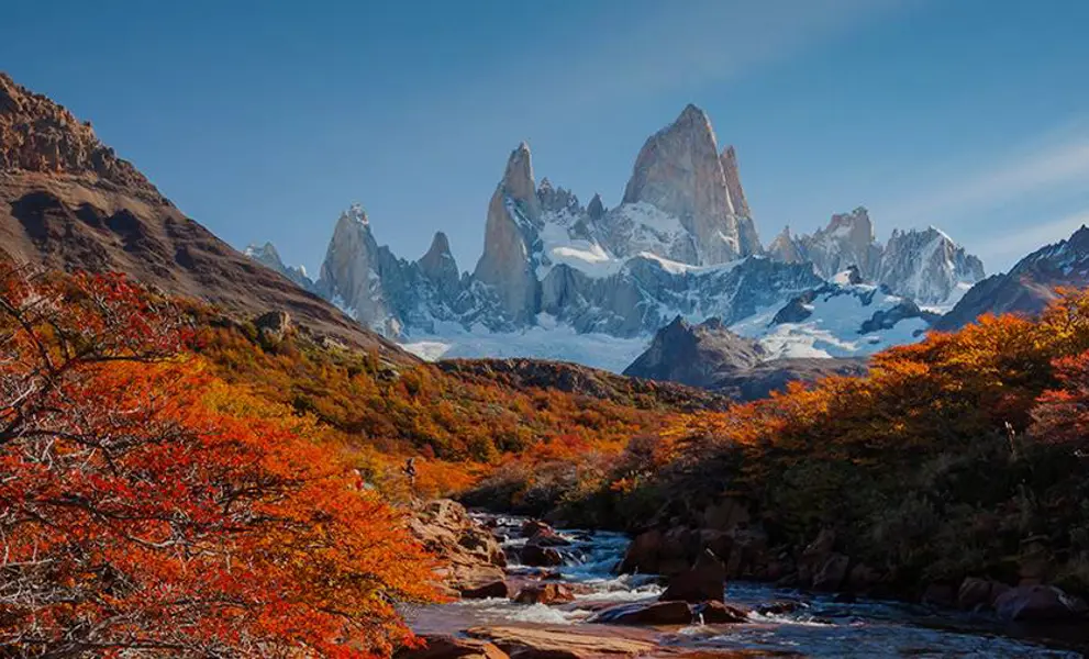 Snowy mountains between autumnal orange trees