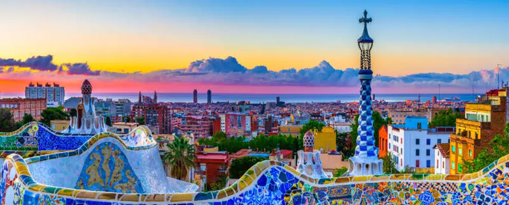 Skyline panorama of Barcelona at sunrise. Spain
