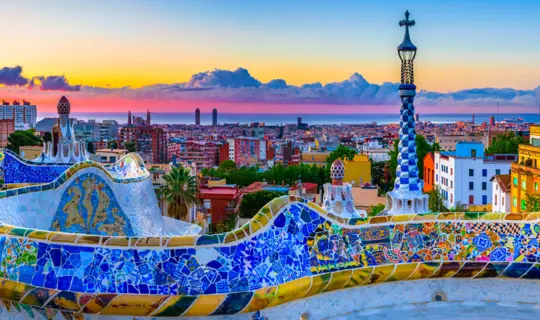 Skyline panorama of Barcelona at sunrise. Spain