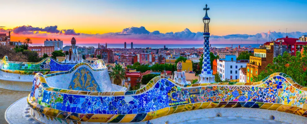 Skyline panorama of Barcelona at sunrise. Spain